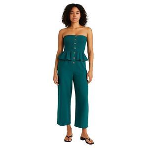 Urban Outfitters Teal Smocked Linen Ruffle Peplum Strapless Jumpsuit Womens M
